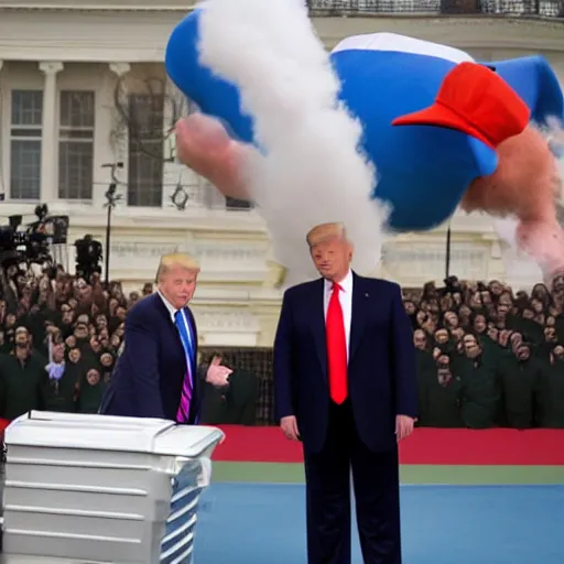 Prompt: Donald Trump throwing fridge at Vladimir Putin