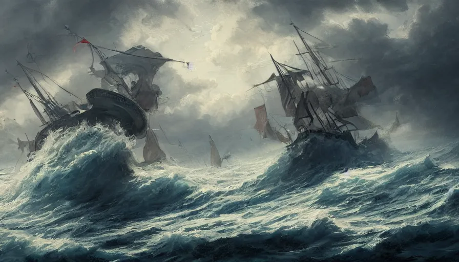 Image similar to A beautiful painting of a kraken attacking a sailing ship in a stormy sea by greg rutkowski and Kalin Popov , Trending on artstation HD.