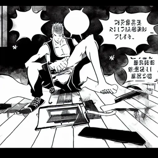 Image similar to roronoa zoro playing videogames, manga style