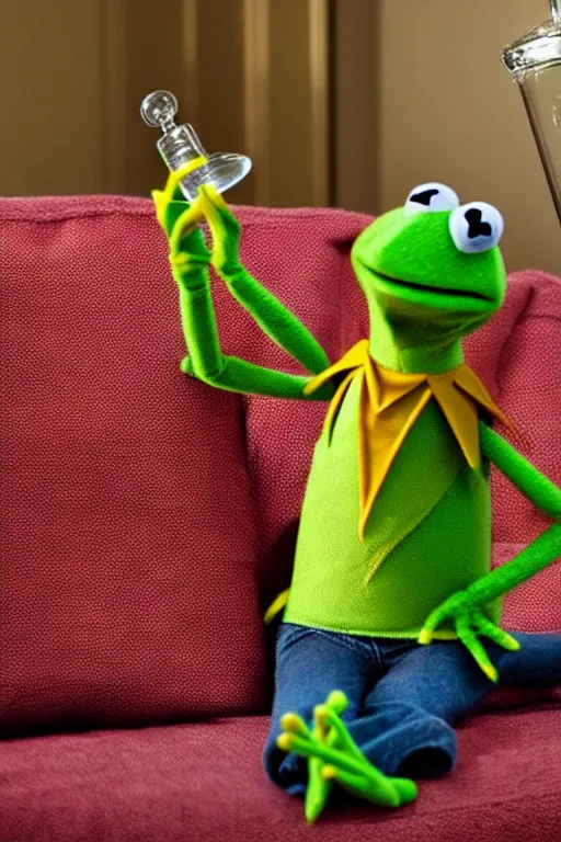 Image similar to candid photo of kermit the frog sitting on the couch hitting a bong, kermit the frog in ted ( 2 0 1 2 ) bong scene, kermit the frog using a bong, kermit smoking weed, bong rip, high resolution photo, trending on artstation, interior design,