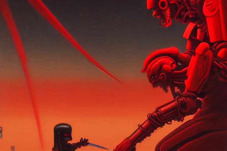 Image similar to only with red, a red cyborg samurai, tokio futuristic in background, some evil yokai fight, in the style of beksinski, parts by edward hopper, parts by rodcenko, parts by yue minjun, intricate and epic composition, red by caravaggio, insanely quality, highly detailed, masterpiece, red light, artstation, 4 k