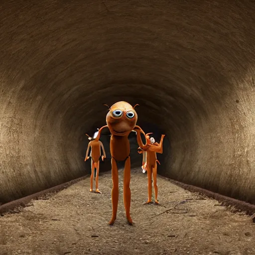 Prompt: cinematic photo of humans wearing realistic ant costumes in an underground dirt tunnel. several tunnel exits lead off in different directions.