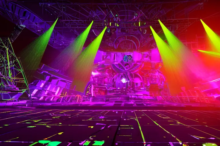 Image similar to a concert stage, big glowing letters over the stage tripmachine, center of the stage is a big futuristic steampunk generator surrounded by speaker towers, rock musicians on the stage, laser show, 8 k, fluorescent colors, halluzinogenic, multicolored, exaggerated detailed, unreal engine