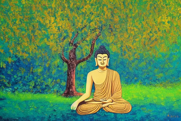 Image similar to painting of a peaceful buddha meditating under a tree, acrylic art, calm, soothing, cosy, elegant, soft light,