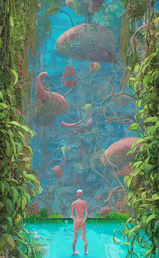 Prompt: a secret garden with a big pool, very coherent, painted by geof darrow, wayne barlowe, painted by james gilleard, airbrush, art by james jean, surrealist art, houdini algorithmic generative art