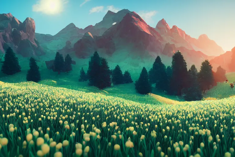 Image similar to mountain landscape in spring, flowers, teal landscape, dreamy light, sunny, floating particles, complementary palette, by and jacek yerga and jesse king, pop surrealist, wiccan, unreal engine, bokeh, detailed