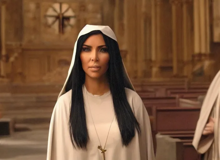 Image similar to a movie still of kim kardashian as a nun with her bust slightly showing. backround : church interior