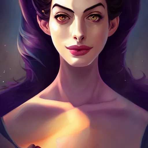 Image similar to a portrait of a beautiful Anne Hathaway witch, art by lois van baarle and loish and ross tran and rossdraws and sam yang and samdoesarts and artgerm, digital art, highly detailed, intricate, sharp focus, Trending on Artstation HQ, deviantart, unreal engine 5, 4K UHD image