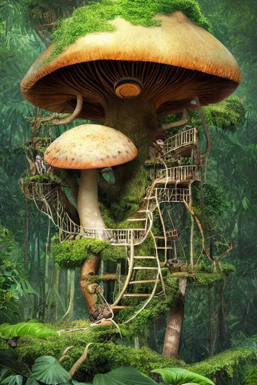 Prompt: a tree house in the jungle, big mushroom growing on tree trunk, by alba ballesta gonzalez and robbie trevino. 4 k wallpaper, digital 2 d, illustration. extremely detailed, cinematic lighting, smooth sharp focus.