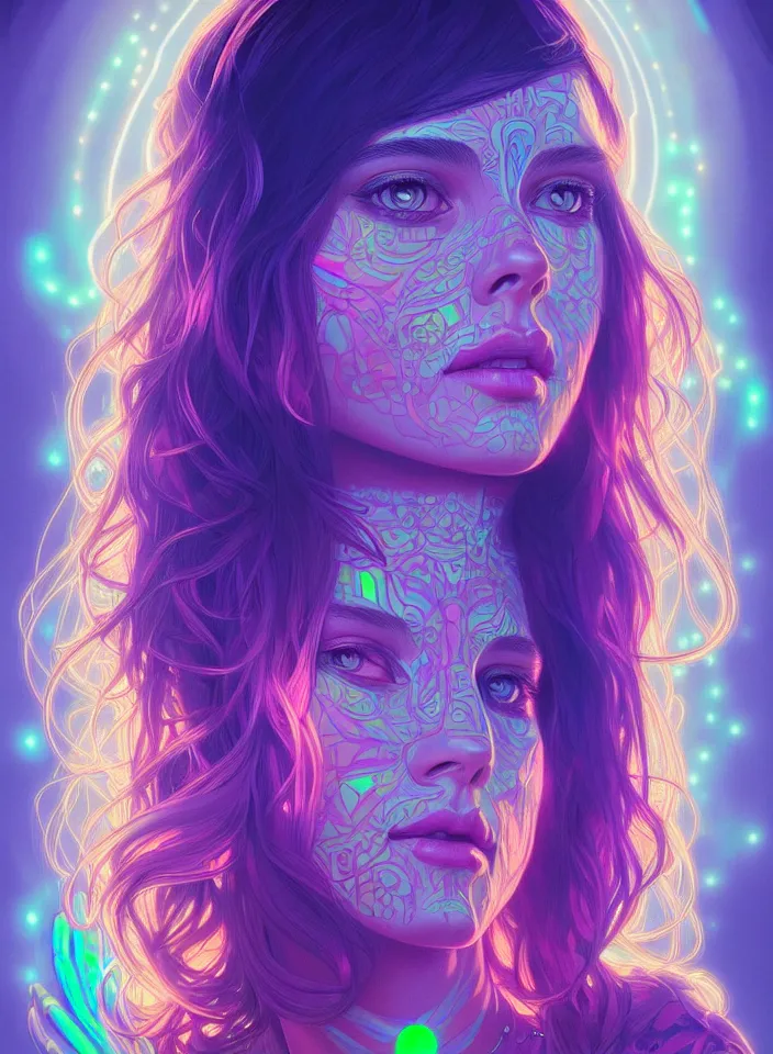 Prompt: symmetry!! portrait of hippie girl, neon glowing lights!! psychedelic, intricate, elegant, highly detailed, digital painting, artstation, concept art, smooth, sharp focus, illustration, art by artgerm and greg rutkowski and alphonse mucha, 8 k