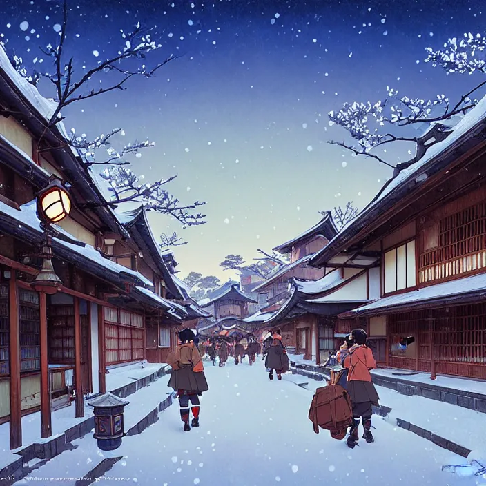 Image similar to japanese rural town, winter, in the style of studio ghibli, j. c. leyendecker, greg rutkowski, artem