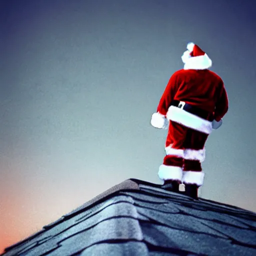 Image similar to a grainy realistic photograph of santa ontop of a rooftop climbing down a chimney at night, shot on an old polaroid camera, grainy vhs texture 4 k, realistic, unreal engine 5, sharp details, 3 0 0 dpi