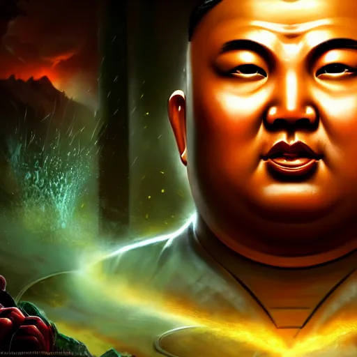 Image similar to portrait of kim - jong un as buddha, league of legends amazing splashscreen artwork, gears of war, splash art, natural light, elegant, photorealistic facial features, intricate, fantasy, detailed face, atmospheric lighting, anamorphic lens flare, cinematic lighting, league of legends splash art, hd wallpaper, ultra high details by greg rutkowski