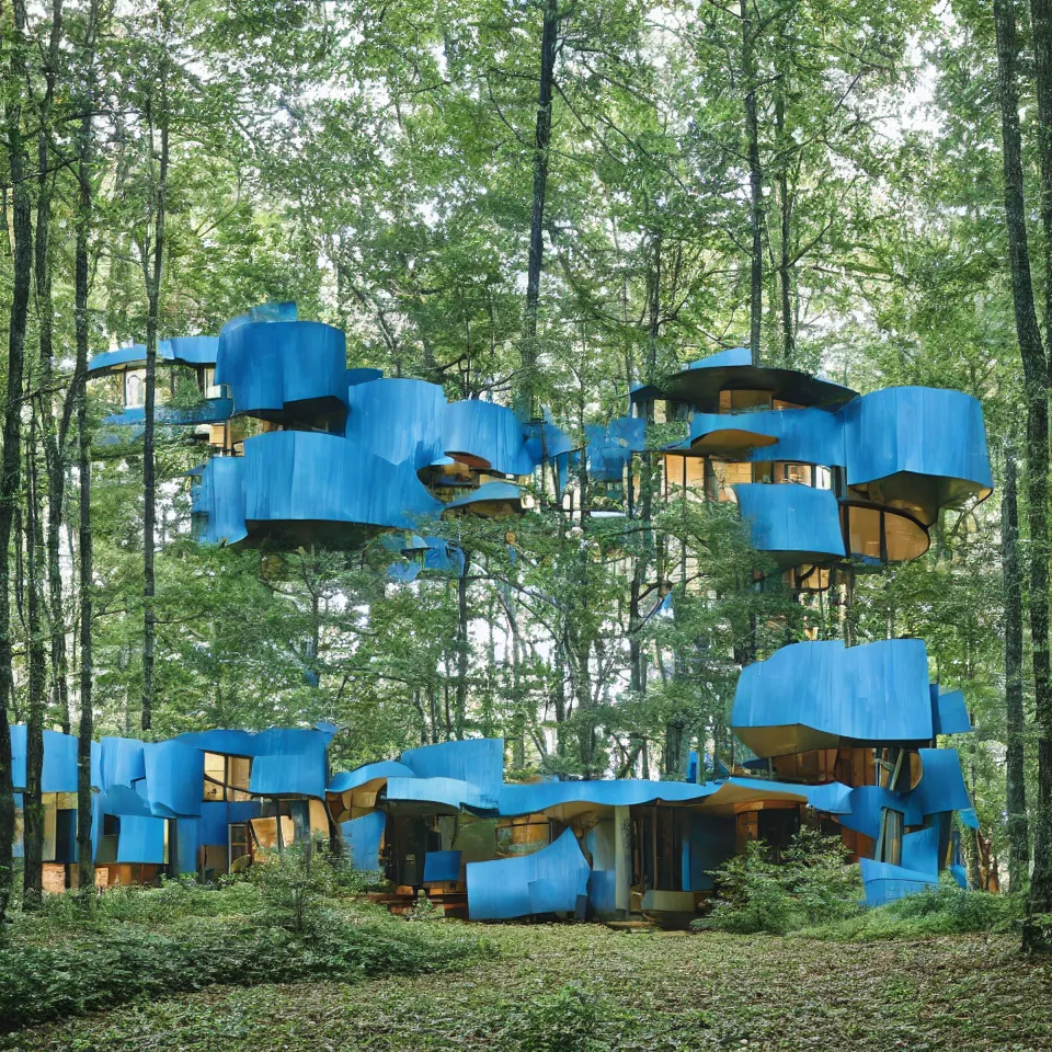 Image similar to architecture ad for a mid-century modern house in the middle of the forrest, designed by Frank Gehry. Film grain, cinematic, blue hue