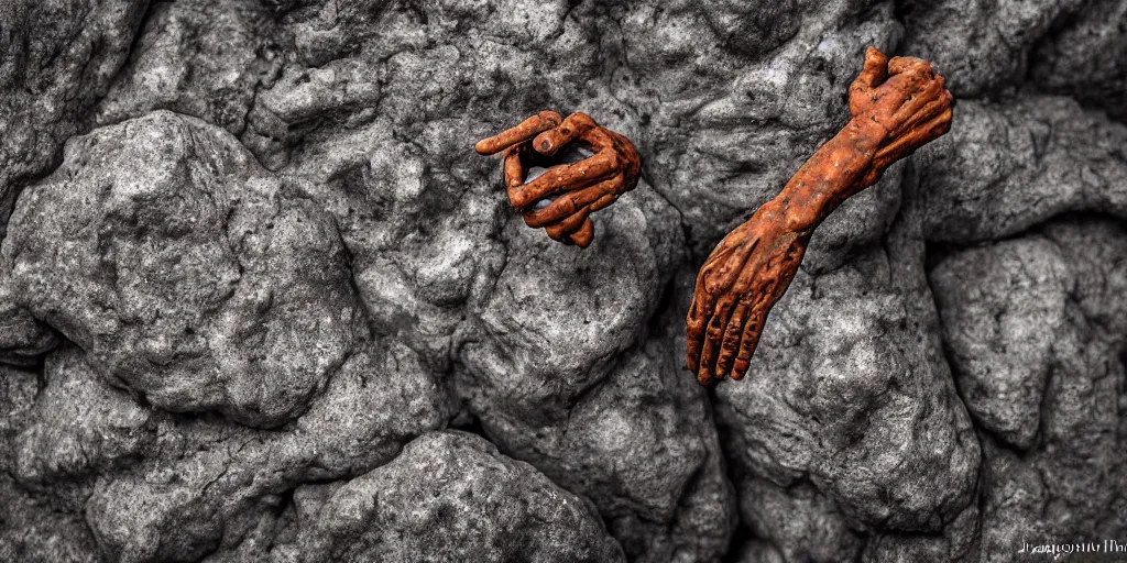 Image similar to highly detailed photography of a men made of rust clay, big rocks, hand gesture, sharp focus, clay texture, dramatic scene, aesthetic, dynamic lighting, elegant, harmony, masterpiece, by javier marin, high quality, spatula