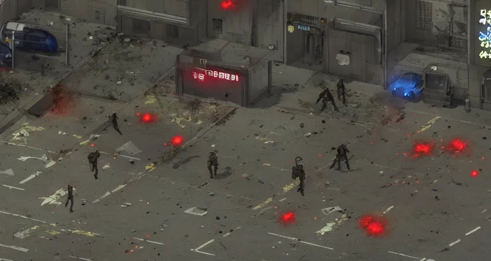 Prompt: 1989 Video Game Screenshot of Neo-tokyo Cyborg bank robbers vs police FPS, Set in Tokyo Bank Parking Lot, Dark, Multiplayer set-piece Ambush, Tactical Squads :10, Police officers under heavy fire, Suppressive fire, Pinned down, Destructible Environments, Gunshots, Headshot, Bullet Holes and Anime Blood Splatter, :10 Gas Grenades, Riot Shields, MP5, AK47, MP7, P90, Chaos, Anime Machine Gun Fire, Gunplay, Shootout, :14 Akira art style :17, Created by miHoYo: 20