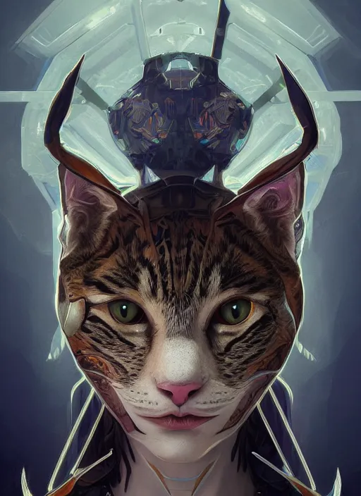 Image similar to symmetry!! portrait of cat alien in the style of horizon zero dawn, machine face, intricate, elegant, highly detailed, digital painting, artstation, concept art, smooth, sharp focus, illustration, art by artgerm and greg rutkowski and alphonse mucha, 8 k