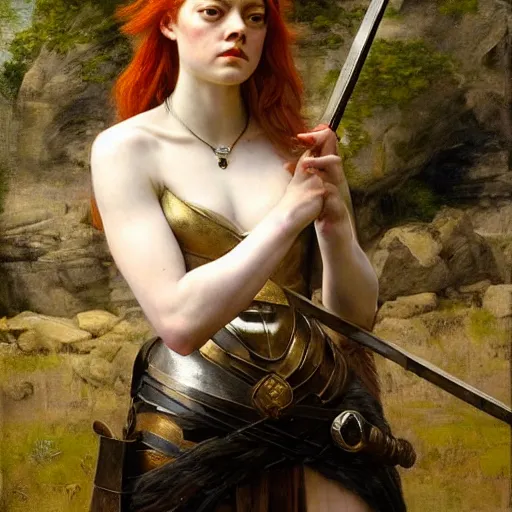 Prompt: emma stone as boudicca by edgar maxence and caravaggio and michael whelan and delacroix