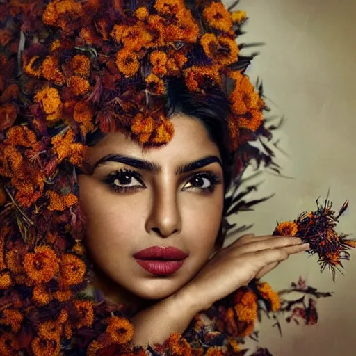 Image similar to fine art photo of the beauty goddess priyanka chopra, she has a crown of dried flowers, by oleg oprisco