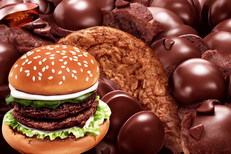 Image similar to Photography of an Hamburger made of chocolate, photo-realistic, 8k, high detail, high resolution