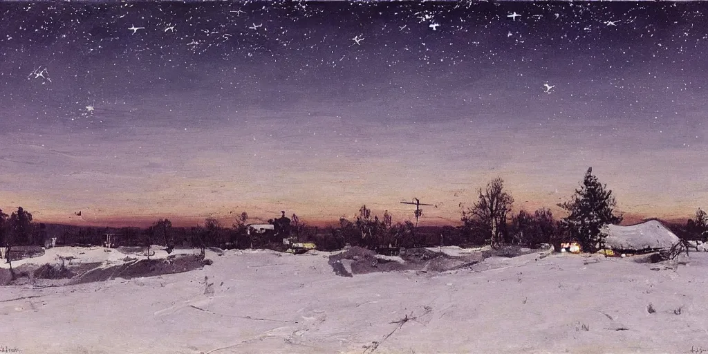 Image similar to A WW2 battlefield, nighttime, winter, calm, stars, shooting star, painting by Isaac Levitan