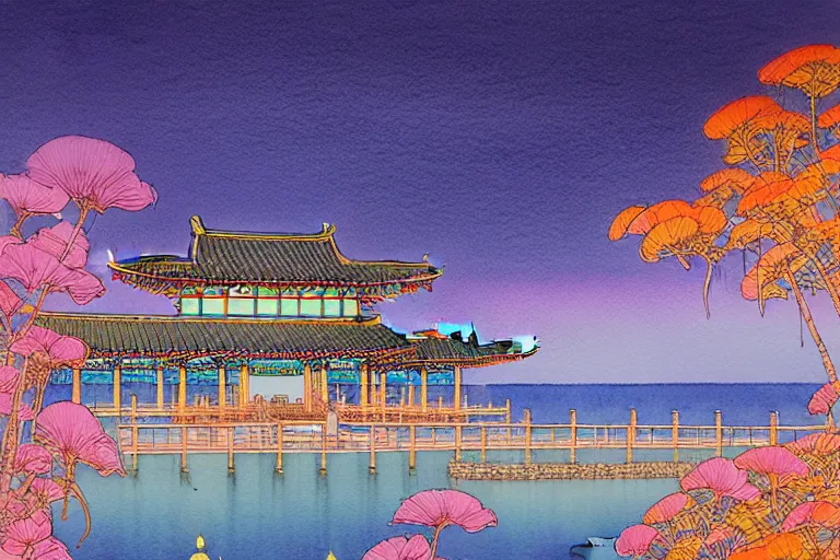 Image similar to a hyperrealist watercolor of a zen water scene at night. buddhist temple in the background. neon roses and palm trees. by rebecca guay, michael kaluta, charles vess and jean moebius giraud