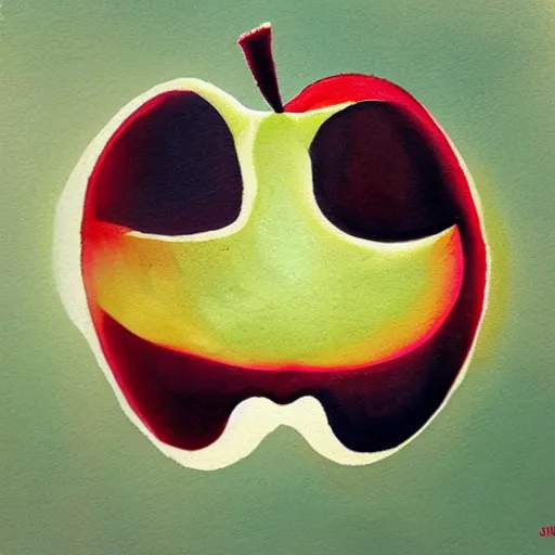 Prompt: apples arranged like steve jobs face, art by giuseppe