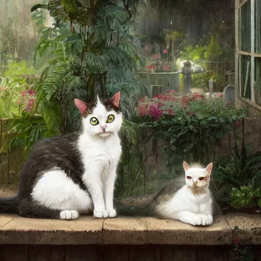 Image similar to two cats at a greenhouse in Ancient Greek | painting by Greg Rutkowski | trending on artstation | 8k | HD