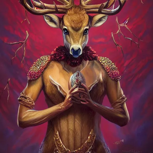 Prompt: beautiful oil painting with high detail of a Deer and red diamond Ruby Geode 🦌 💎 ♦️ hybrid from dungeons and dragons and art direction by James Cameron ;by artgerm; wayne reynolds art station; cinematic quality character action render; ultra high quality model; production quality cinema model; aesthetic