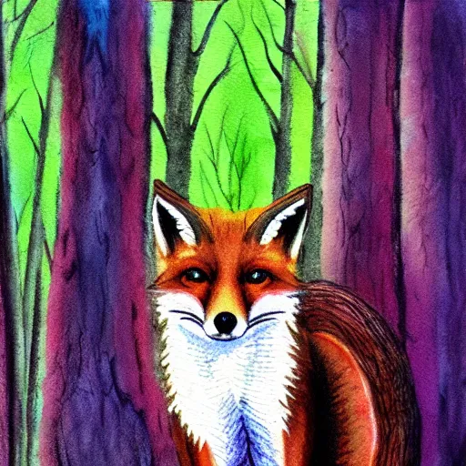 Prompt: fox in a forest by kevin finney blindfish, watercolor, painting, pastel colours, illustration