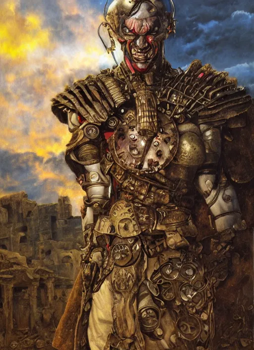 Image similar to portrait of a diabolical cyborg clown warrior, torn cape, adaptive armor, dynamic pose, heavy eyes to the side, ancient ruins, glowing veins subsurface scattering, in clouds, sunset, portrait, by gerald brom, by mikhail vrubel, by peter elson, muted colors, extreme detail, reflections, trending on artstation, 8 k