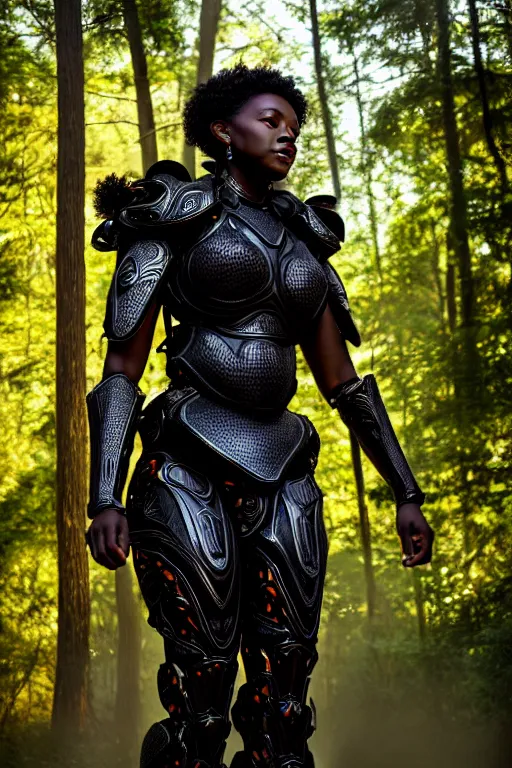 Prompt: hyperrealistic long shot mithra gorgeous black woman intricate exoskeleton armor in a forest sun behind her concept art eric zener elson peter cinematic orange light low angle hd 8k sharp rack focus