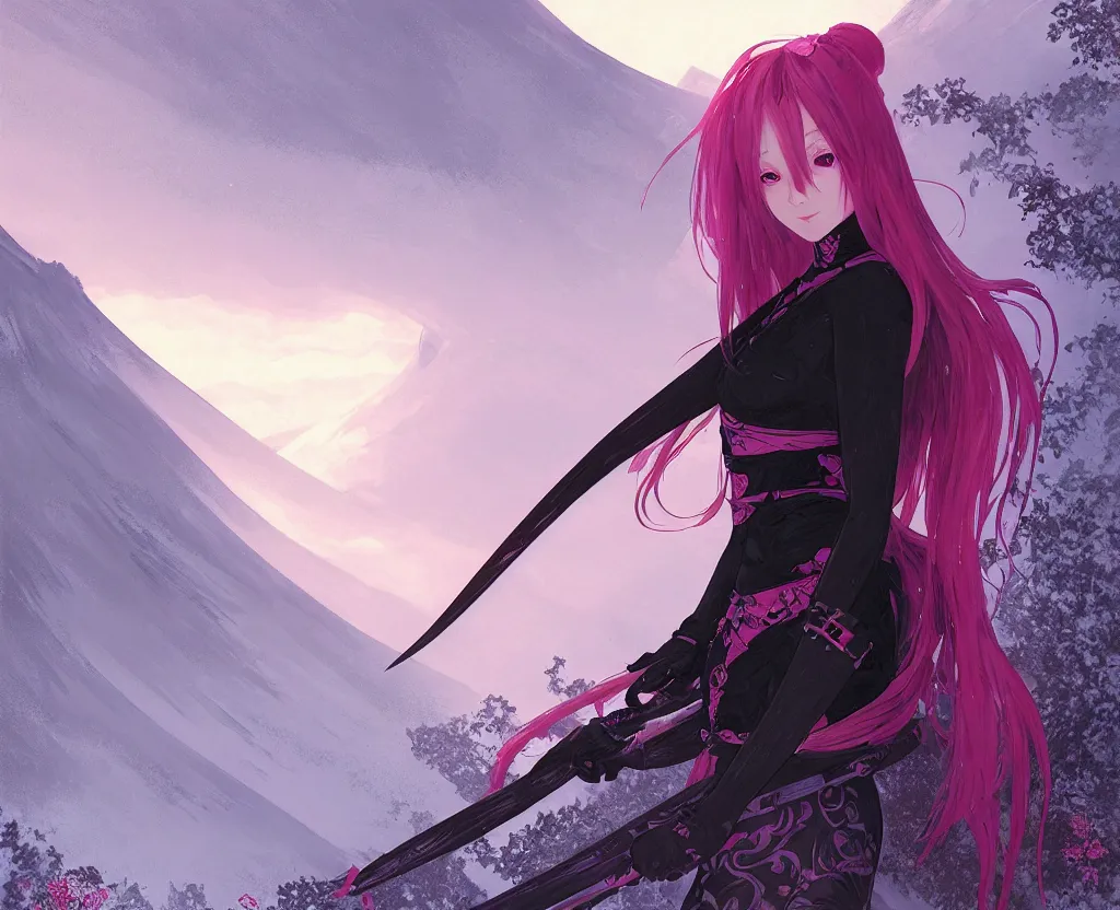 Image similar to portrait ninja gaiden girl, black plus little pink ninja wardrobe, at snowy fuji mountain sunrise, ssci - fi and fantasy, intricate and very very beautiful, detailed, digital painting, artstation, concept art, smooth and sharp focus, illustration, art by tian zi and wlop and alphonse mucha