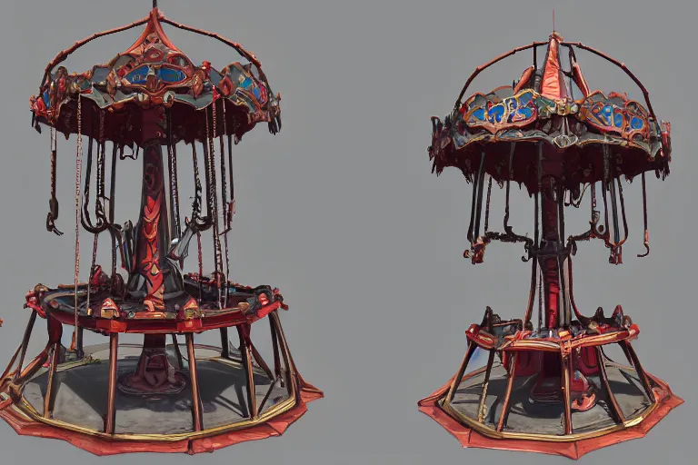 Prompt: 3d sculpt of an evil ironwork carousel, artstaton, League of Legends, red dead redemption2, overwatch, digital illustration