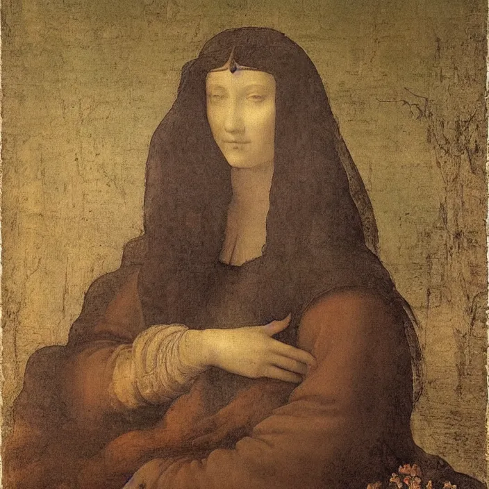 Image similar to a portrait of a woman painted by leonardo da vinci. the woman in the painting is shown seated with her hands folded in her lap. she is wearing a simple dress with a pattern of flowers. her hair is pulled back from her face and she has a small, faint smile. the background of the painting is a landscape of rolling hills and mountains.