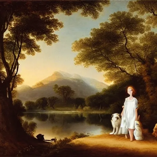 Prompt: two beautiful girls wearing white dresses beautiful faces a dog john martin landscape lake evening