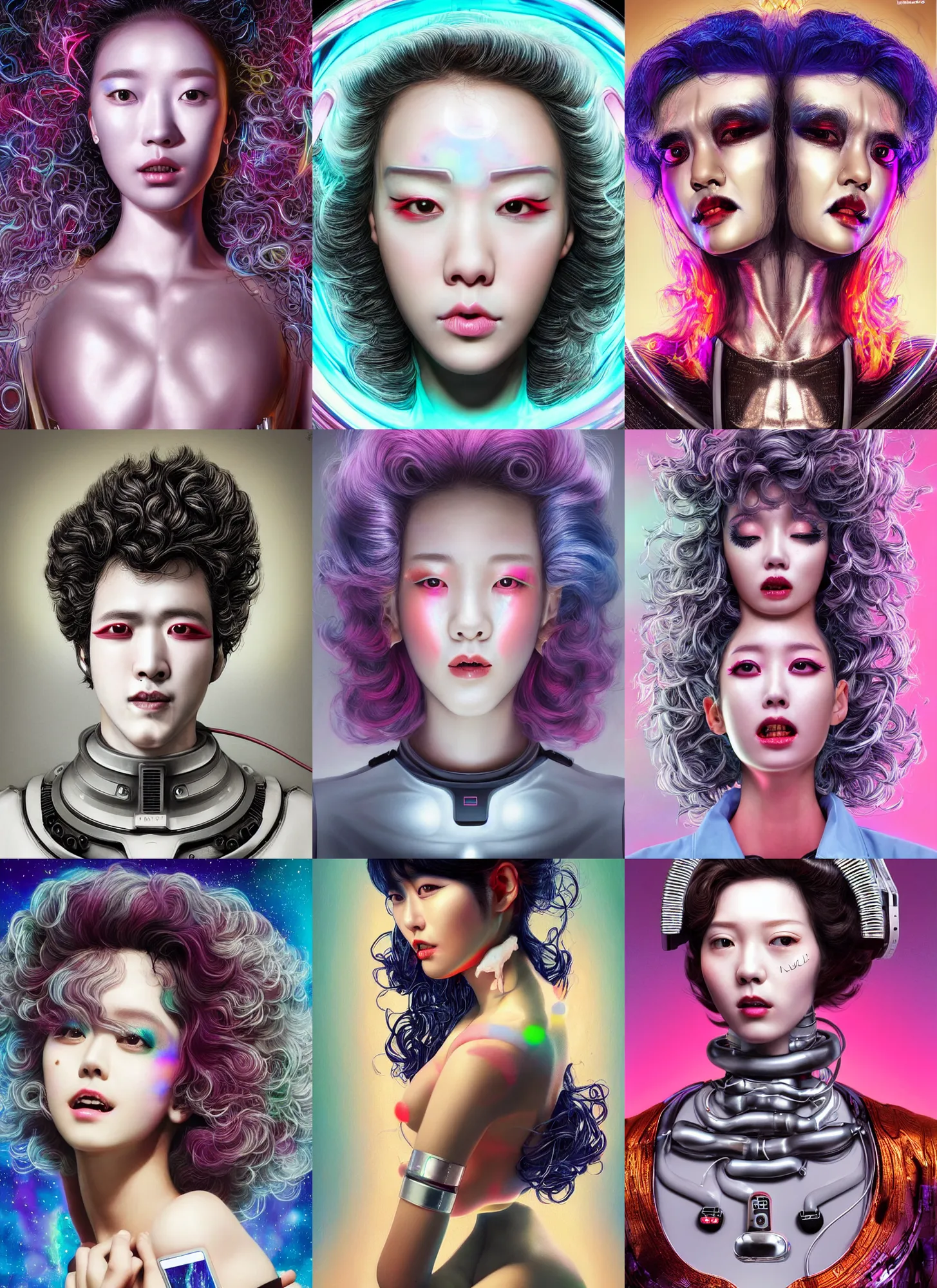 Prompt: korean roccoco hyper happy android portrait with sci - fi makeup, chromatic skin, silver curly hair, eighties look, retro, beautiful lights, charging plug in the chest, vintage look, depth of field, nervous. hyper realistic, illustration, airbrush, 8 k, intricate, duo tone, art by david la chapelle and philip castle, artgerm