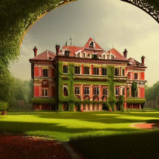 Prompt: matte painting of a countryside landscape of a nobleman large estate with xix century manor. fantastical, elegant, intricate elaborate, red brick, ivy, opulent, archways, columns, balcony, towers, greenhouse verdant lawn. sharp focus, smooth detailed digital art trending in artstation