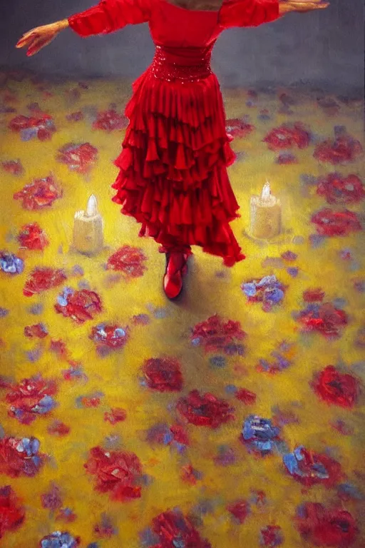 Image similar to oil painting of spanish flamenco dancer in mallorca wearing a red dress made of flowers, dimly lit by candles on the ground, photo realistic, extreme detail skin, no filter, slr, 4 k, high definition