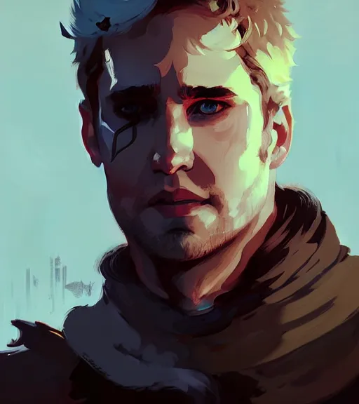 Image similar to portrait of cullen from dragon age near campfire by atey ghailan, by greg rutkowski, by greg tocchini, by james gilleard, by joe fenton, by kaethe butcher, dynamic lighting, gradient light blue, brown, blonde cream and white color scheme, grunge aesthetic