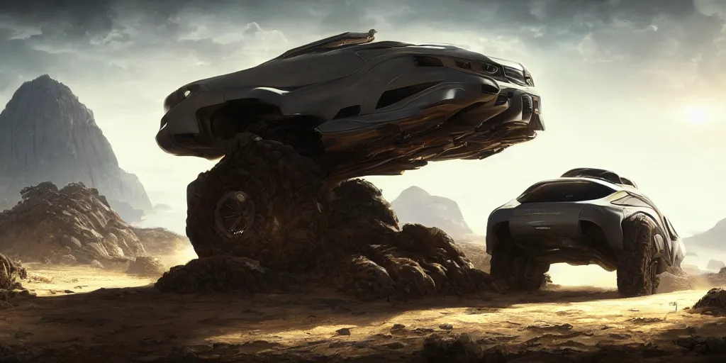 Image similar to a futuristic offroad suv designed by apple driving through socotra island, artgerm and greg rutkowski and alphonse mucha, an epic fantasy, volumetric light, detailed, establishing shot, an epic fantasy, trending on art station, octane render, midsommar