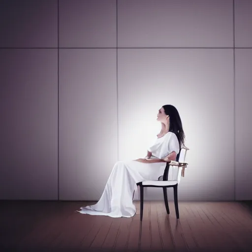 Image similar to a woman in a white dress sitting in a chair, volumetric lighting, photorealistic, criterion collection, featured on cg society, shutterstock contest winner, award - winning photograph, mysterious