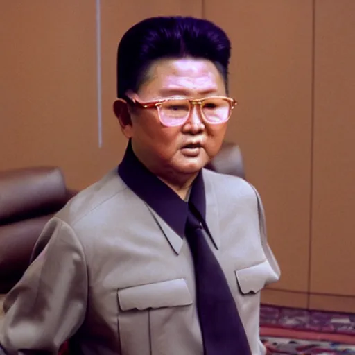 Prompt: filmstill of Kim Jong-il wearing a head bandana and aiming a bow in the role of Rambo, cinemascope, Eastman Color Negative 50T 5251 Neg. Film