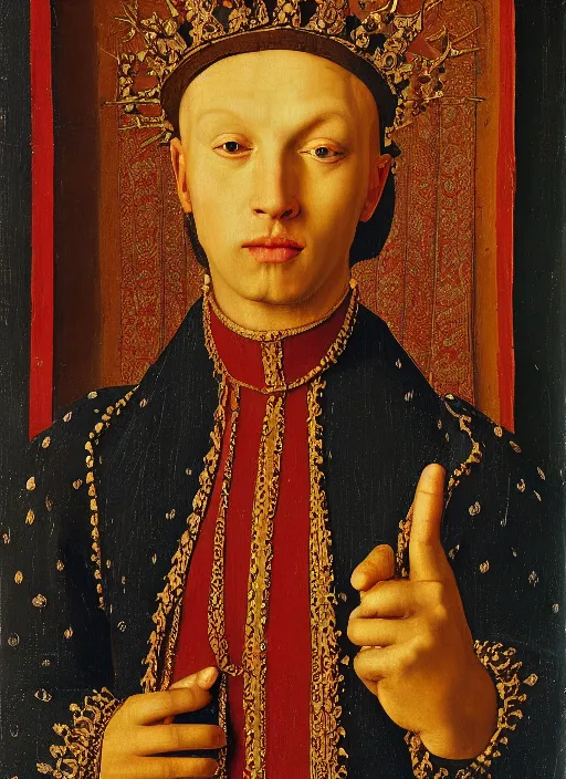 Image similar to portrait of a young man who is a king with a crown, medieval painting by Jan van Eyck, Florence