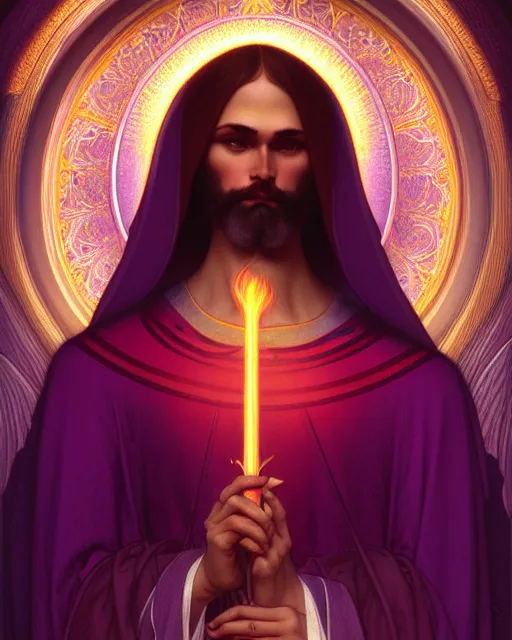 Prompt: symmetry portrait of saint germain holding a violet colored flame, intricate, elegant, highly detailed, digital painting, artstation, concept art, smooth, sharp focus, illustration, art by artgerm and greg rutkowski and fra angelico and alphons mucha