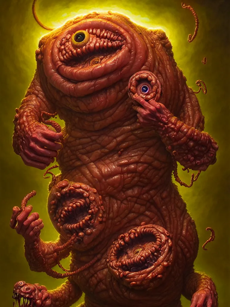 Image similar to hyperrealistic rendering, fat smooth cronenberg flesh monster d & d beholder by donato giancola and greg rutkowski and wayne barlow and zdzisław beksinski, eyeballs, lightning, magic runes, product photography, action figure, sofubi, studio lighting, colored gels, colored background