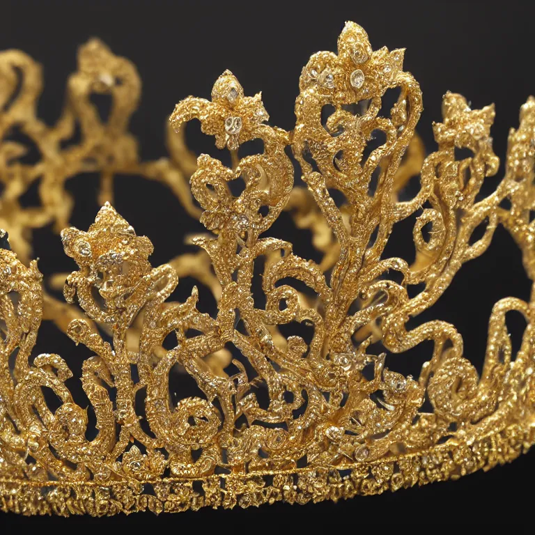 Prompt: Ultra realistic fantasy tiara, intricate detailed, gilded gold and diamonds, sharp focus, octane render, high quality, 8k, volumetric lighting, on black background !dream