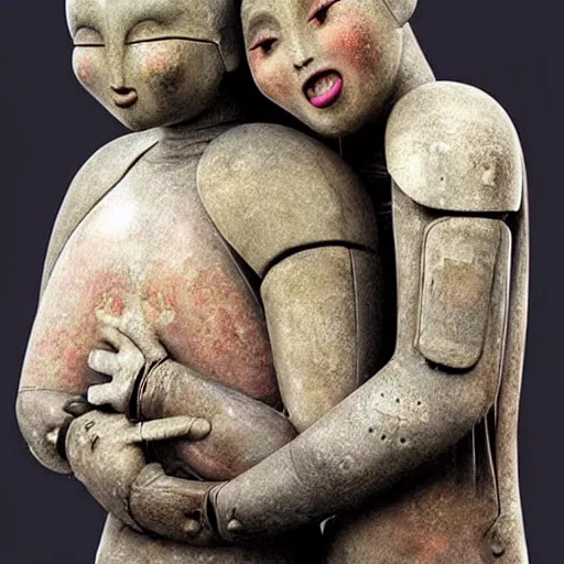 Prompt: beautiful realistic ancient androids with large eyes hugging each other, laughing, staring tenderly at each other inspired by ayako ishiguro