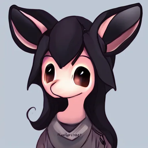 Image similar to headshot of young female furry, maple story, cute, fantasy, intricate, long hair, dark grey skin, mouse face, maplestory mouse, dark skin, mouse head, mouse ears, black hair, elegant, cartoony, Deviantart, artstation, character art of maple story, smooth, sharp focus, illustration, art by Diives