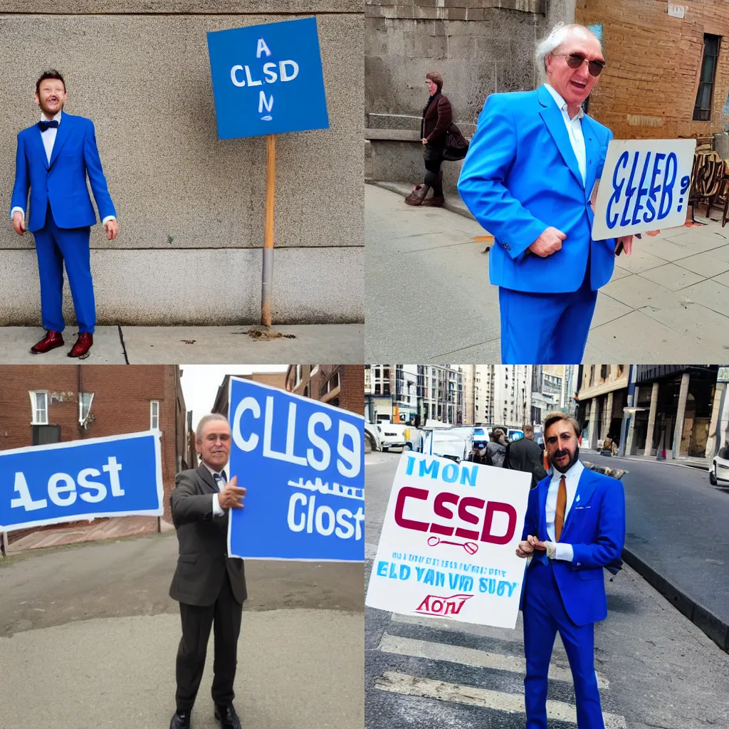 Prompt: A man wearing a blue suit holds a sign that says closedAI, flat art